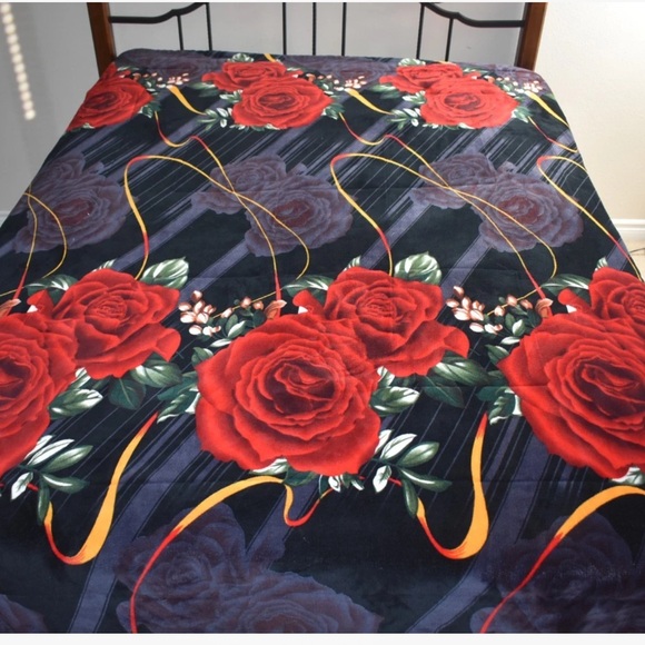 Vintage Full / Queen Blanket comforter BIG RED ROSE ROSES Floral Flower 77